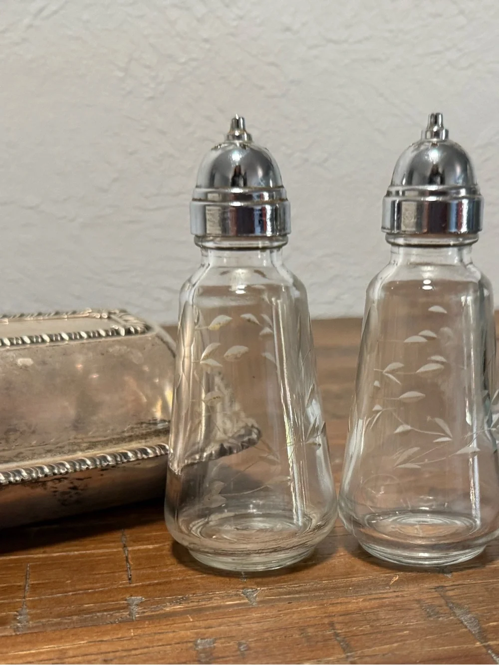 Vintage Etched Glass Salt & Pepper Shakers with Silver Tops